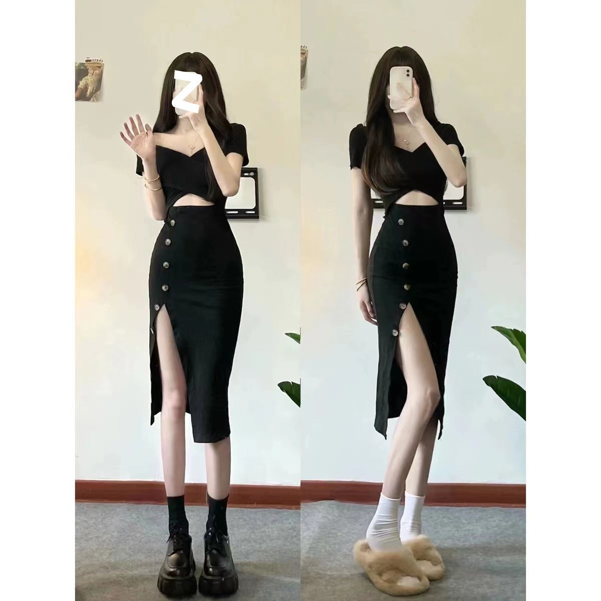 Sexy, light and familiar, pure desire style design sense, Spice Girl Royal Sister, black short-sleeved split-ended hip-wrapped dress, female waist and thin
