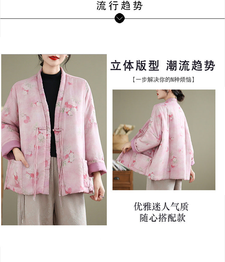 Real shot 2025 autumn and winter new retro national style buckle loose and thin V-neck open chest large size warm cotton-padded clothes