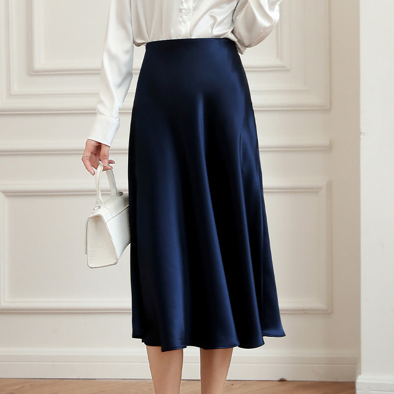 Fried Street Elastic Waist Acetic Acid Skirt High-end Silky 2025 Spring and Summer New Over-the-Knee Swing Skirt