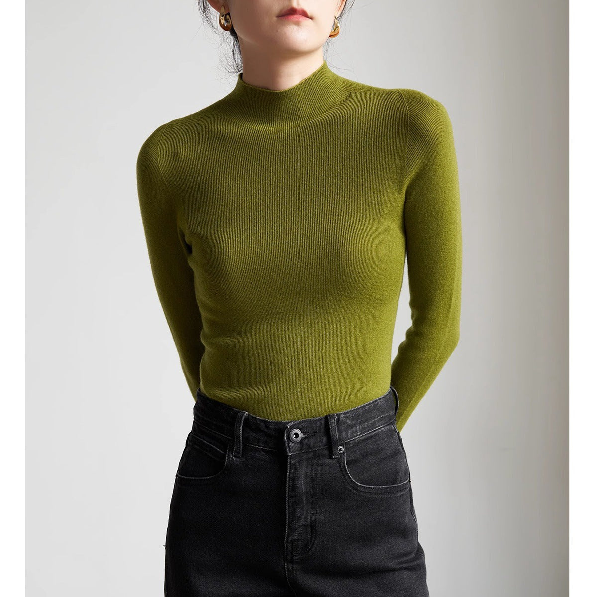 SHALLOW STREAMS autumn and winter seamless one-piece dark gray semi-turtleneck wool knitted sweater women's bottoming shirt top