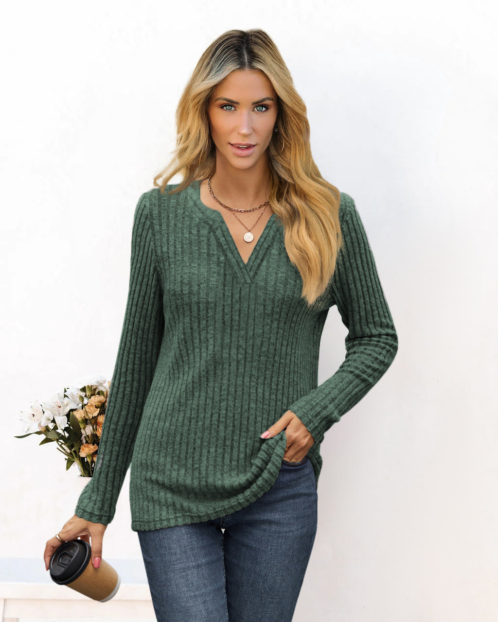 Amazon 2025 European and American cross-border foreign trade autumn and winter new solid color V-neck loose casual long-sleeved T-shirt top women