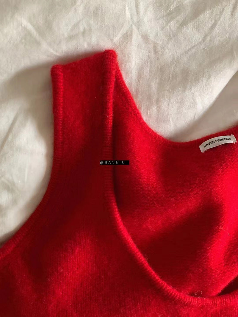 HAVE U wool knitted vest u neck elastic short small Korean ins wind wide shoulder strap stacked vest women