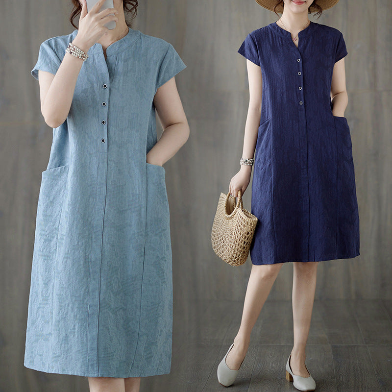 Real shot 2025 summer new literary loose jacquard cotton and linen stand-up collar short-sleeved dress women's medium and long #9658