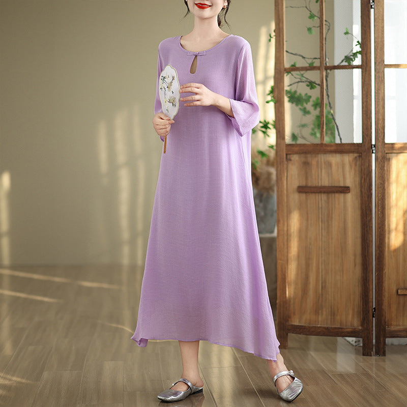 2025 summer loose large size seven-quarter sleeve round neck medium and long solid color dress simple A-shaped dress women