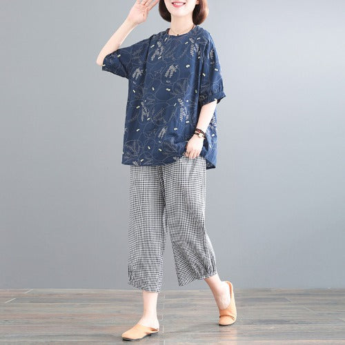 2025 summer new cotton and linen large size literary and retro loose embroidered top + plaid pants set #5541