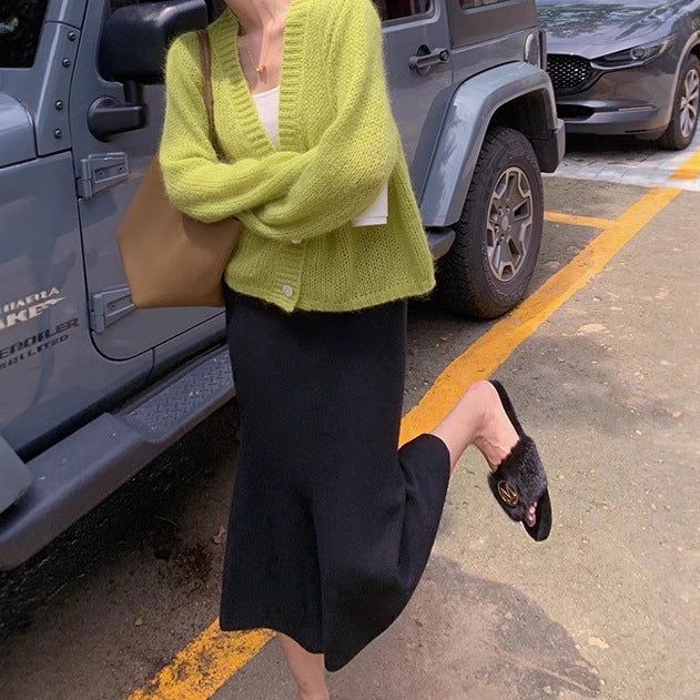 Transitional season knitted, soft cardigan lazy mohair small coat women's early autumn long-sleeved top