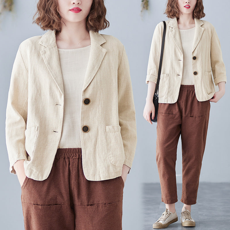 Real shot 2024 autumn new literary and retro loose solid color casual long sleeve button suit short jacket women 6028