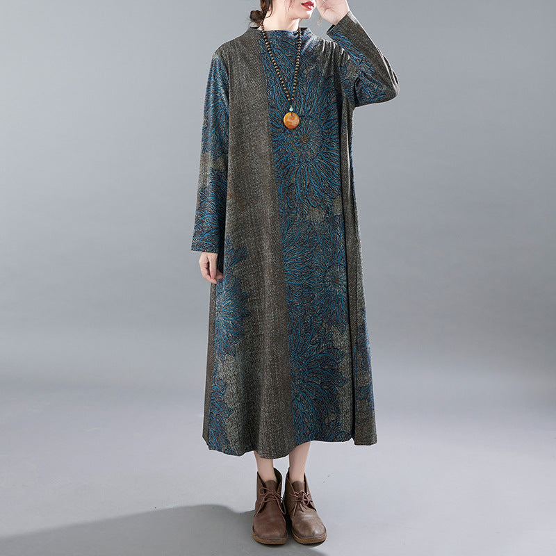 Real shot 2025 autumn new retro printing literary loose and thin bottom long-sleeved dress women's clothing