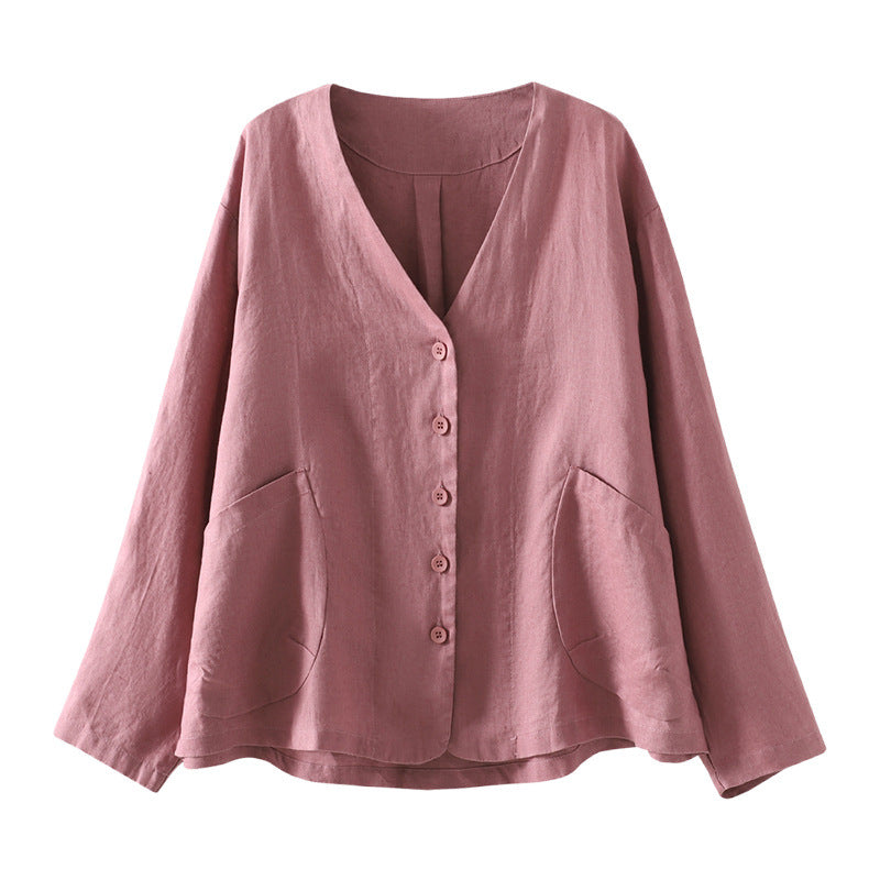 Real shot 2025 autumn new casual loose solid color V-neck long-sleeved shirt women's shirt top #9538