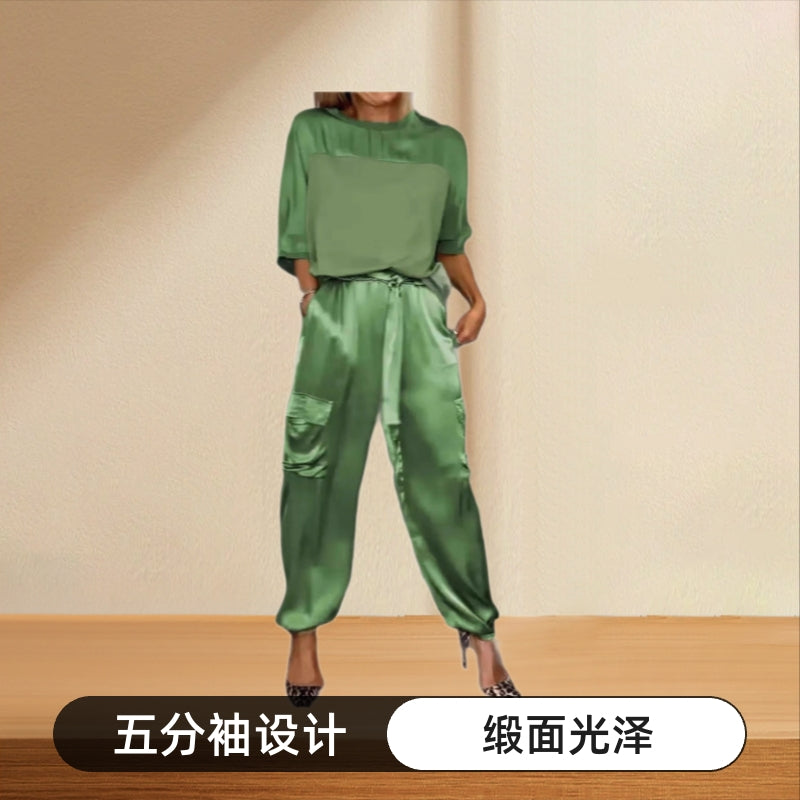 Amazon, Europe, America, Spring and Autumn Fashion Women's Solid Color Smooth Satin Five-Sleeve Top Two-piece Set Feminine Elegance