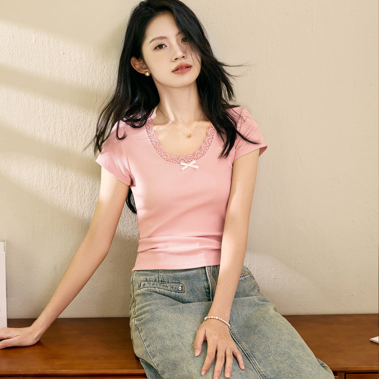 Ballet style pure desire gentle lace T-shirt women's 2026 summer new retro short-sleeved pure cotton bottoming shirt top