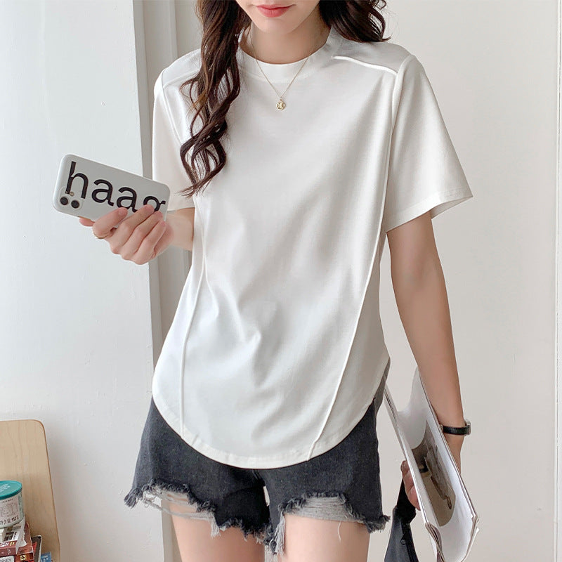 Short-sleeved T-shirt women's hem curved Roman Tencel fish bone half-sleeved ice silk top loose summer stomach cover t-shirt