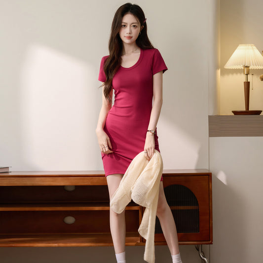 [Selection of pure cotton] Short-sleeved dress women's summer dress 2026 new tight pure desire sexy hip-wrapped V-neck short skirt
