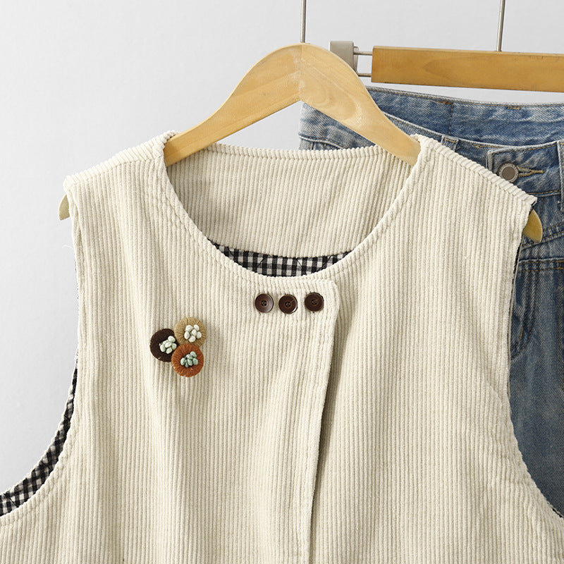 Real shot 2025 autumn new large size corduroy Mori retro vest niche sleeveless cotton vest jacket women