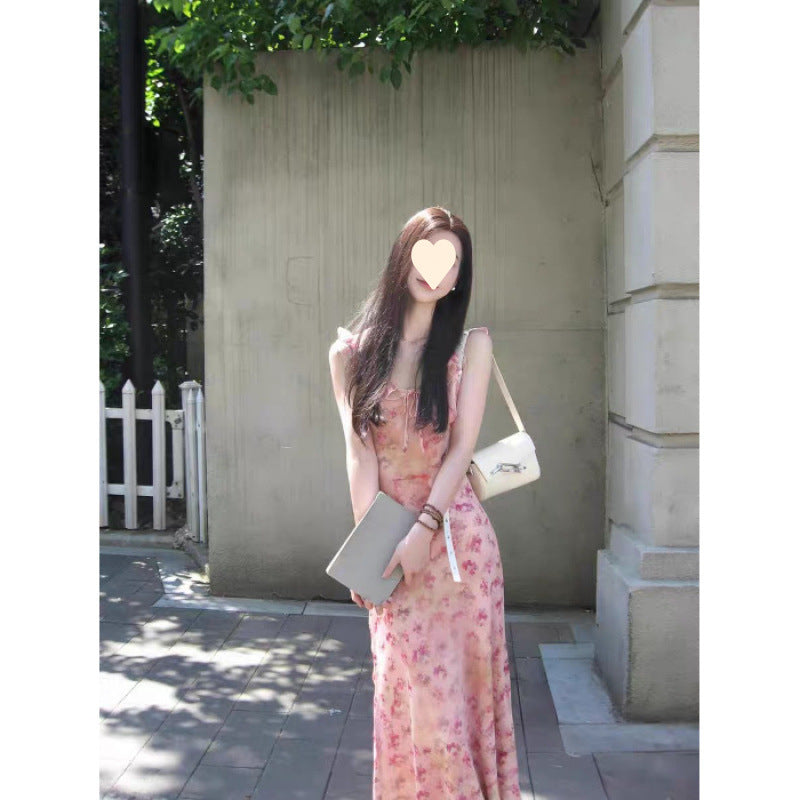 French pink floral suspender dress women's summer 2025 new small temperament waist holiday dress