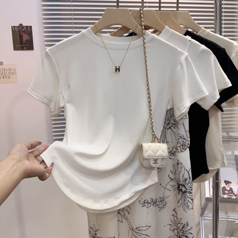 Irregular curved white ice silk short-sleeved t-shirt women's drape feeling slim and thin versatile thin semi-turtleneck top trendy