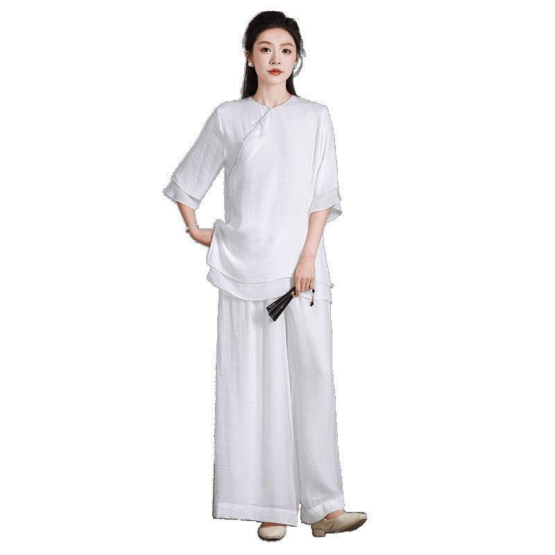 2025 Women's Yoga Clothing Set Ethnic Style Improved Chinese Top Women's Zen Clothing Cotton and Linen Chinese Style Class Clothing Tea