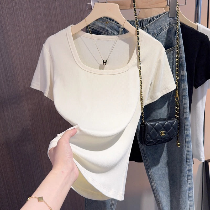 Black slim-fitting square-neck short-sleeved T-shirt women's 2025 new summer versatile front-shoulder t-shirt low-neck exposed collarbone top
