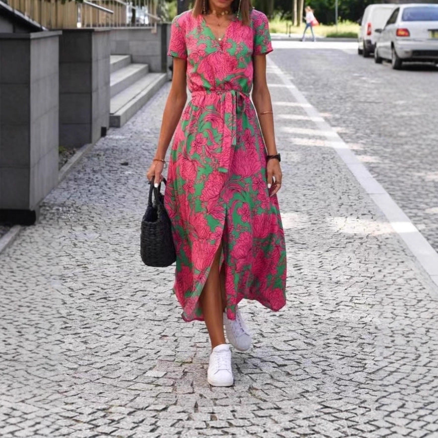 European and American cross-border Amazon printed dress 2025 summer cross-border V-neck split fork medium and long group foreign trade women's clothing