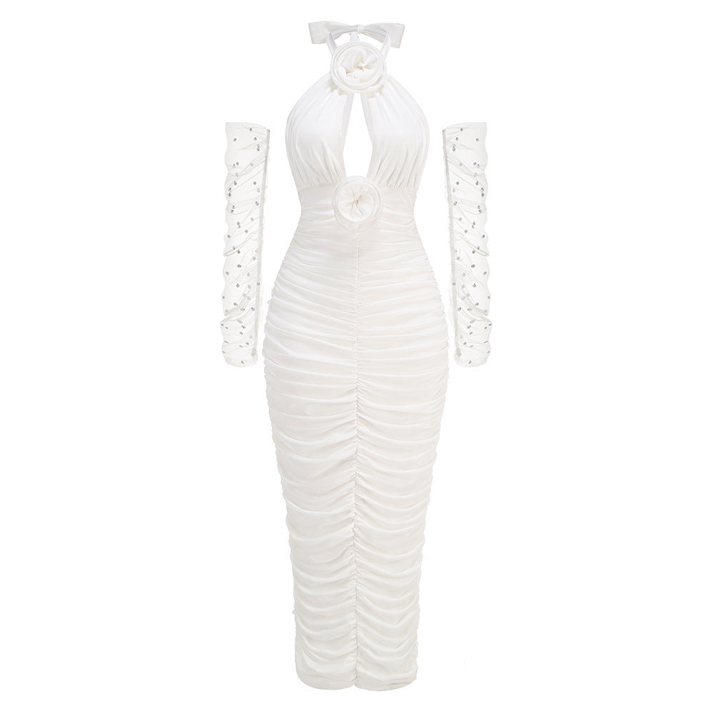 Cross-border European and American neck banquets, senior wear dresses, wearing pearl gloves, design boutique slim-fit dresses, women