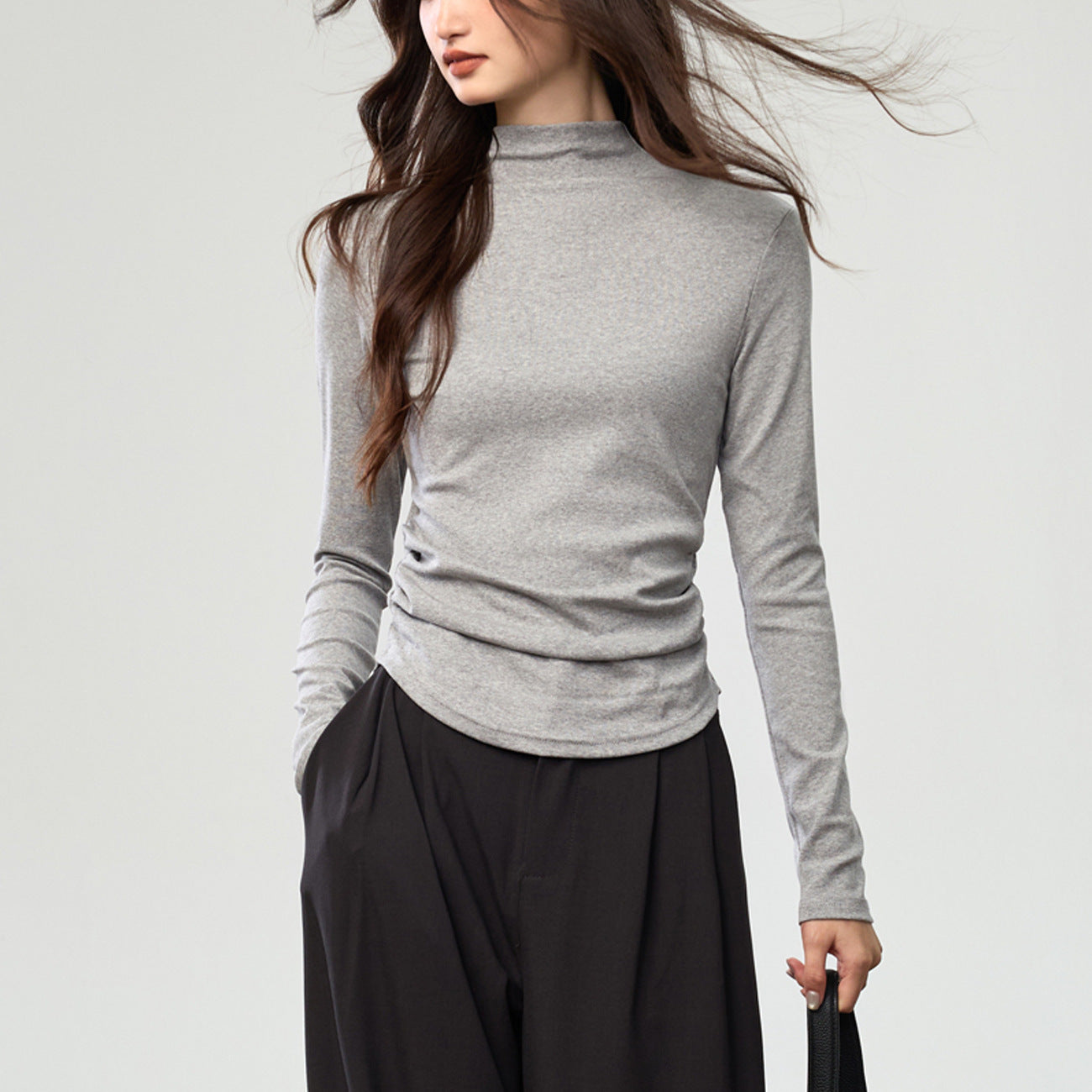 40 combed cotton, protein skin-friendly semi-turtleneck bottoming shirt, women's autumn long-sleeved T-shirt, thin waist pleated top