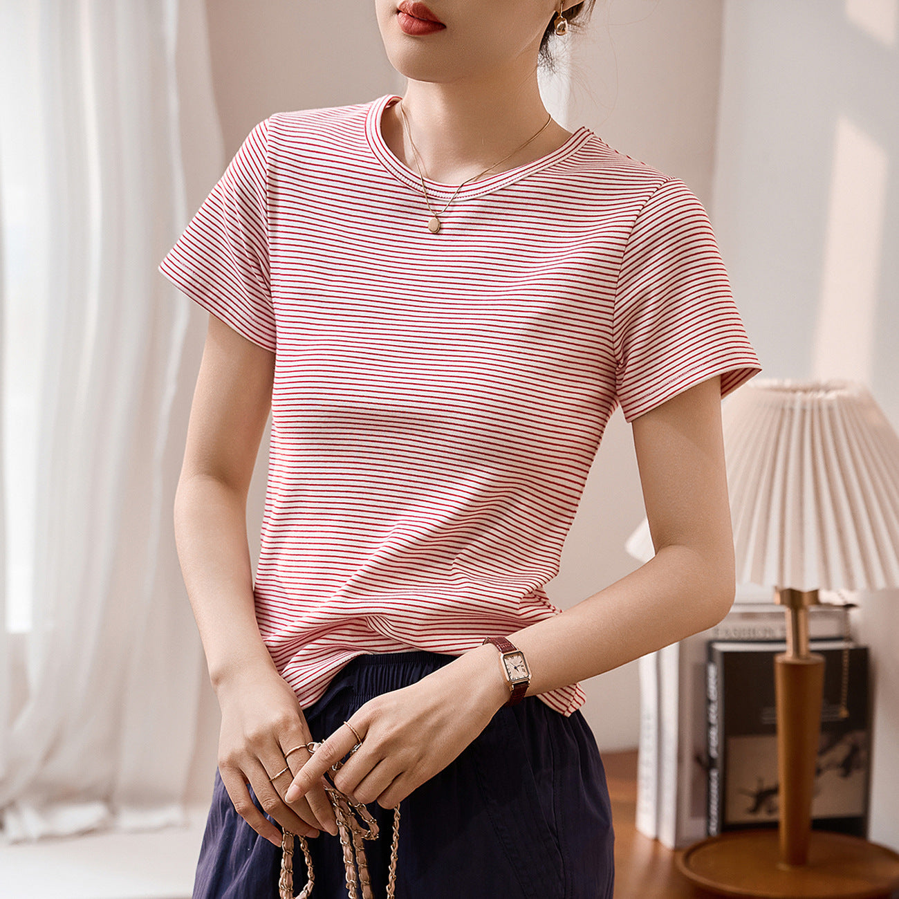 #Combed pure cotton #striped t-shirt women's short sleeve 2026 summer new slim and thin casual versatile crew neck top