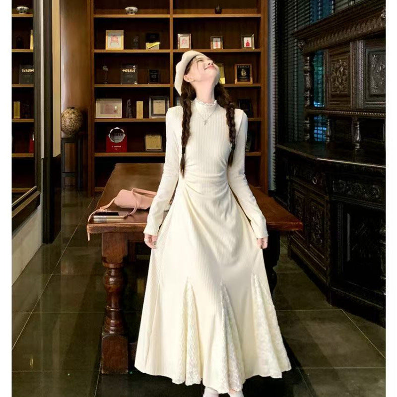 Small knitted dress autumn and winter long-sleeved lace splicing fishtail skirt waist half-high neck inner skirt
