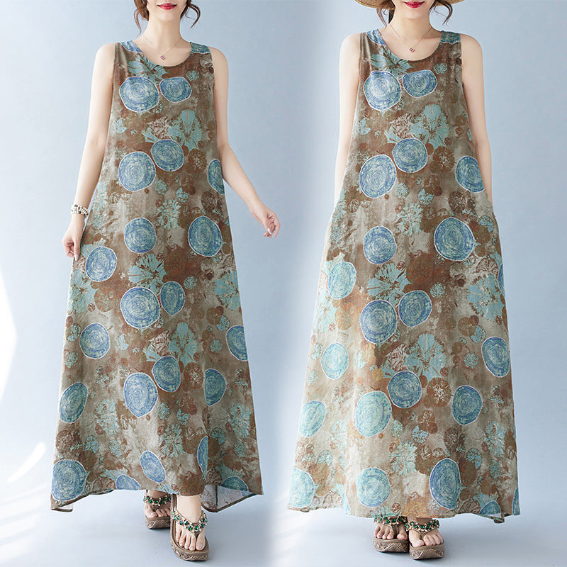 Real shot 2025 summer new bohemian literary loose round neck print sleeveless dress women's medium and long