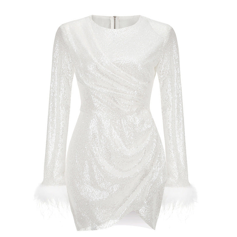 Amazon high-end women's clothing sequined cuffs embellished feather dress skirt irregular elegant dress women's long sleeves