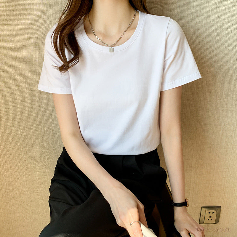 Export to domestic sales, pure cotton front shoulder white t-shirt women's short-sleeved spring and summer new loose inner and thin t-shirt top