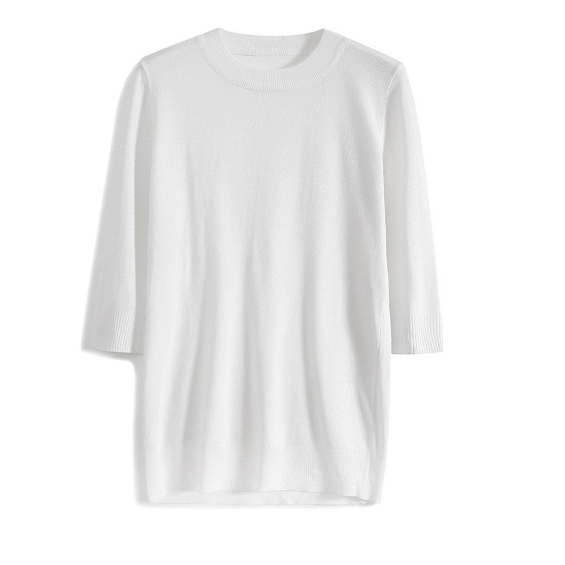 New solid color medium-sleeved temperament intellectual knitted sweater women's clothing 2025 summer half-height round neck five-quarter sleeve loose top