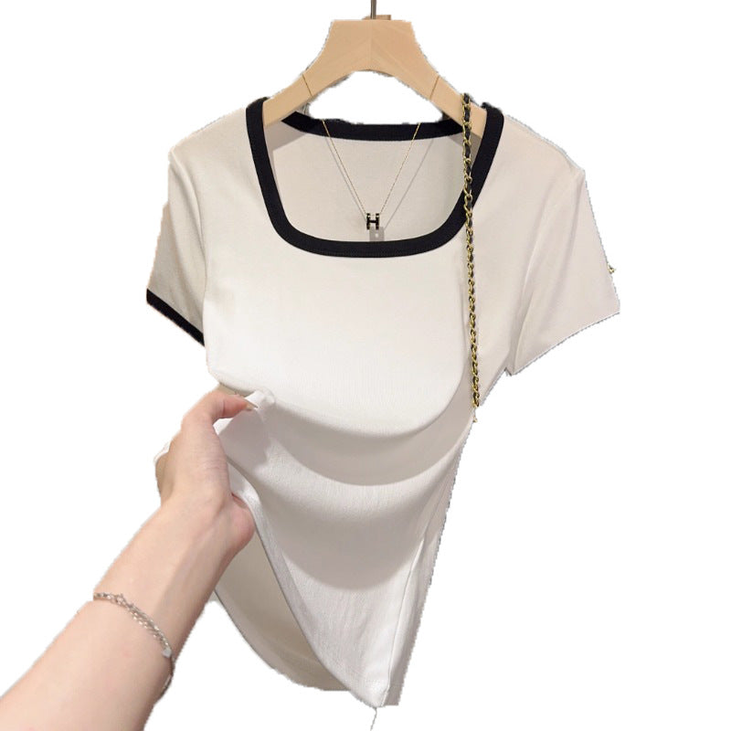 Gray square collar contrasting color versatile slim-fitting short-sleeved T-shirt women's summer new temperament thin tights bottoming shirt