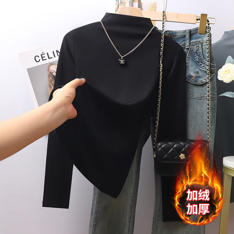 White threaded small collar long-sleeved bottoming shirt for women's autumn and winter 2025 new inner velvet thickened thermal top