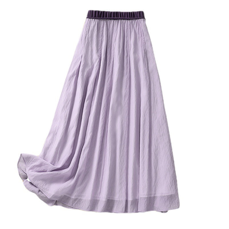 Real shot 2025 summer new literary loose solid color elastic waist A word medium and long skirt women #661 #