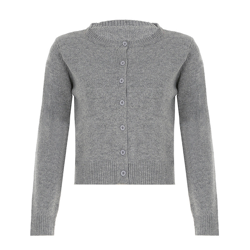 American simple style solid color breasted crew neck woven cardigan autumn and winter new lazy casual versatile slim short coat