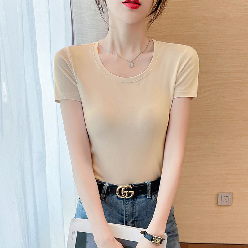 Lotus root pink short-sleeved t-shirt women's pure cotton high-end sense, unique and beautiful waist pinch and thin short slim-fitting front shoulder top