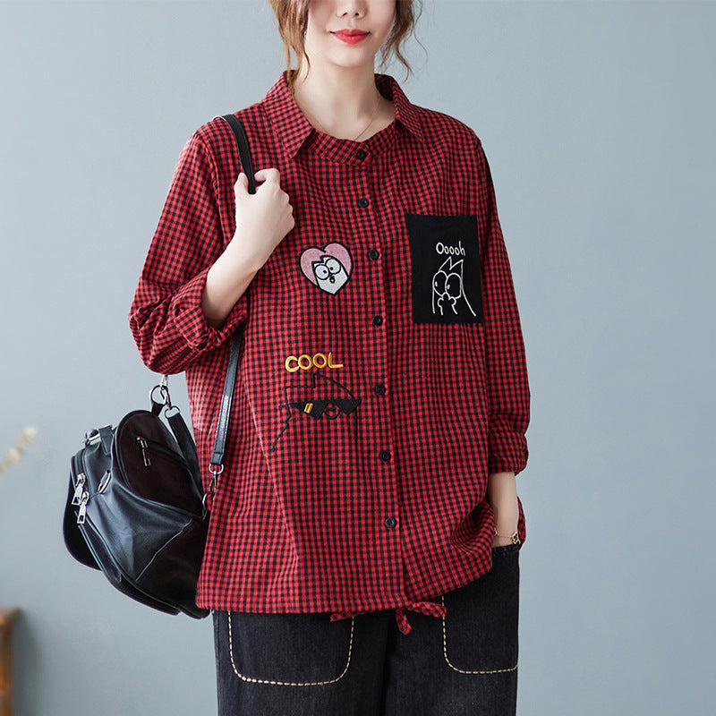 Real shot 2025 autumn new Korean version loose cotton and linen plaid lapel long-sleeved shirt top women #9261