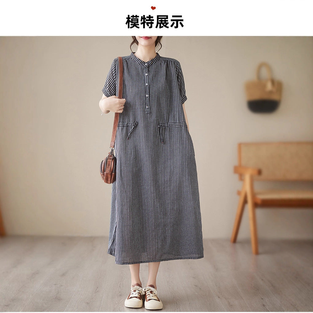 Real shot 2025 summer new simple literary loose and thin small stand-up collar medium and long dress women