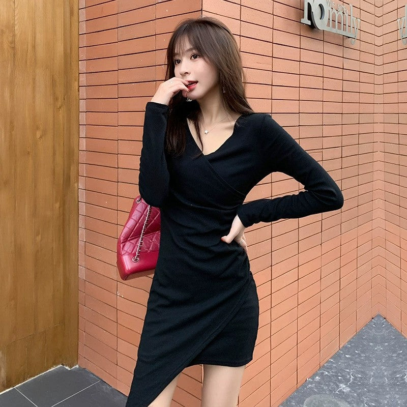 Temperament shows irregular figure dress women's long sleeves 2026 autumn new black tight skirt Spice girl top