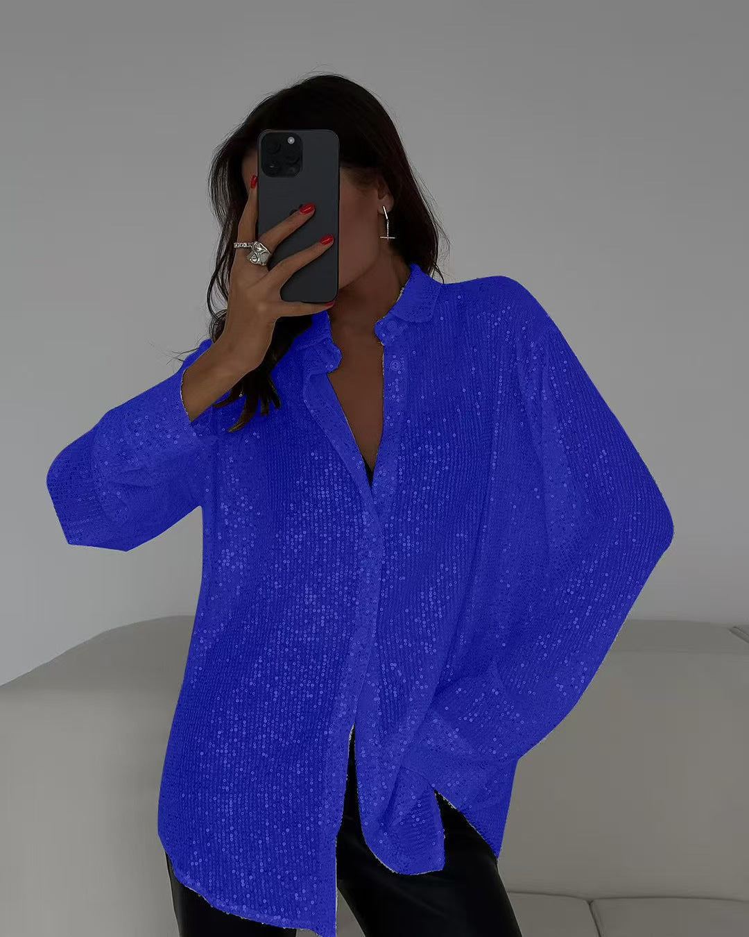 2025 spring and summer Europe and the United States new bead top lapel long-sleeved cardigan basic cross-border women's shirt jacket