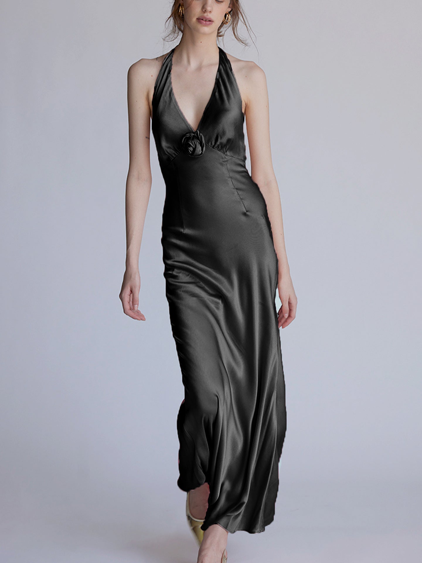 Haute couture imported acetate silk peach orange rose backless vacation skirt small dress temperament sexy backless v-neck