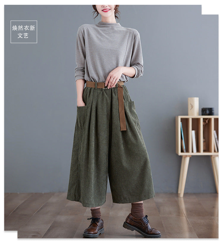 Real shot 2025 spring new corduroy culottes elastic waist belt loose and thin seven-point wide-leg pants women