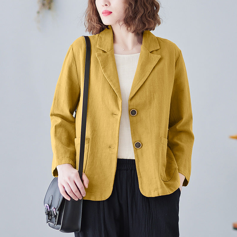 Real shot 2024 autumn new literary and retro loose solid color casual long sleeve button suit short jacket women 6028