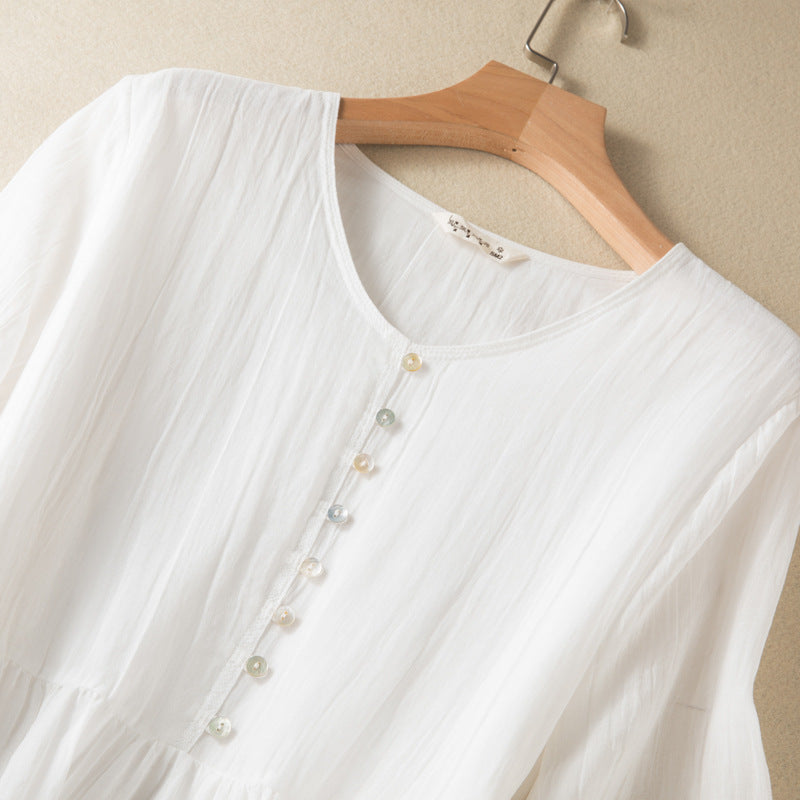 Real shot 2025 summer new literary loose splicing solid color cotton and linen V-neck five-quarter sleeve dress women's medium and long