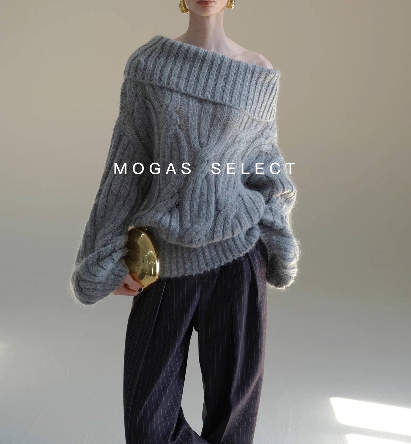 Mogas Heavy Cub Sea Wool Blended Lazy Lantern Sleeves One-Word Neck Twisted Pullover Sweater Women's Autumn and Winter