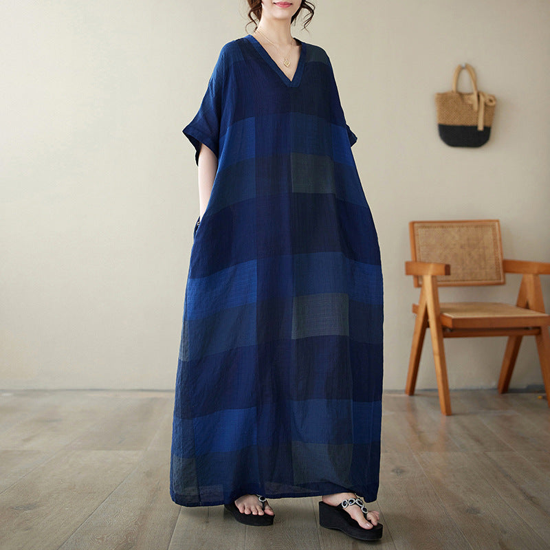 Real shot 2024 summer new V-neck cotton and linen large size loose literary holiday style medium and long beach dress women