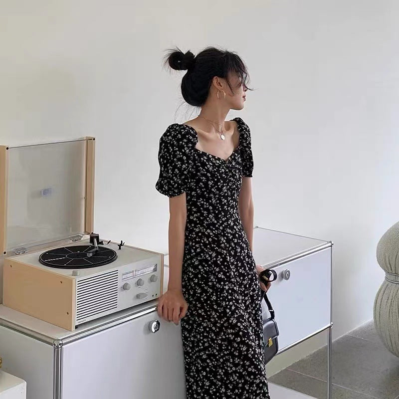 2026 summer French square neck black floral dress with split ends and waist sexy coffee break long skirt for women