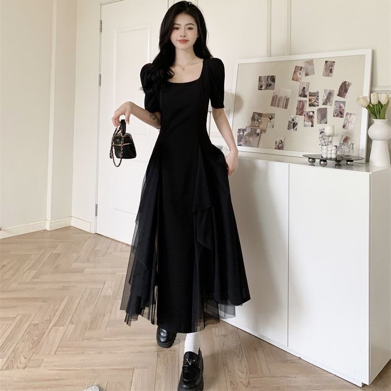 Large size belly covering irregular mesh Hepburn style long dress female summer fat sister retro thin square neck small black dress