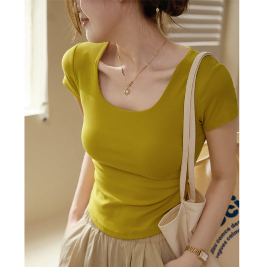 #Quality to make high-quality #Double-layer chest-showing pure cotton T-shirt women's short-sleeved U-neck 2026 summer new curved high-waisted short top