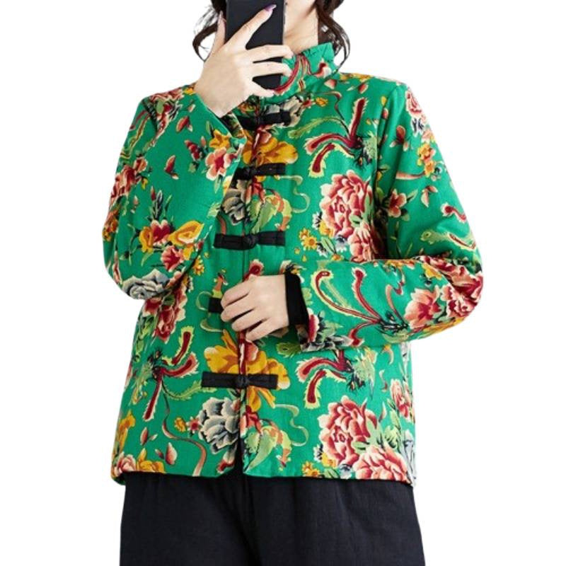 The real shot will be in the autumn and winter of 2025, the new ethnic style peony flower plus cotton button short cotton-padded clothes.